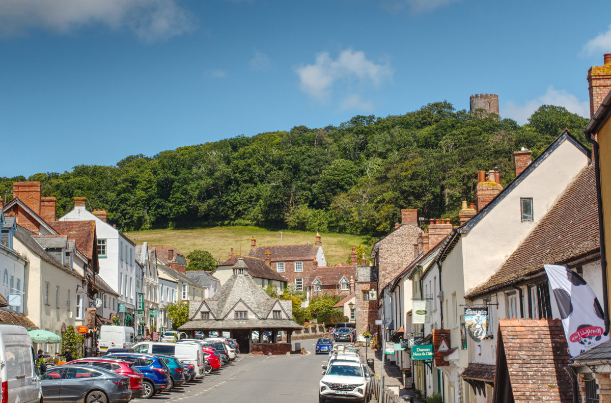 The view up the town, towards Dunster Yarn market and Conygar Tower