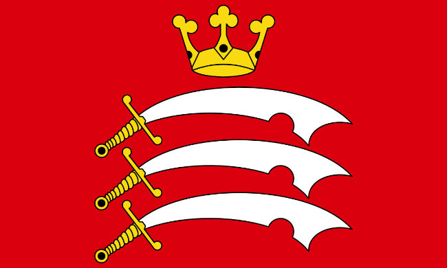 A red flag with three white seax swords with gold hilts. Above is a gold crown