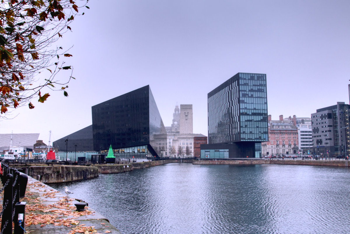 Liverpool docks with a hint of fog on a rainy day