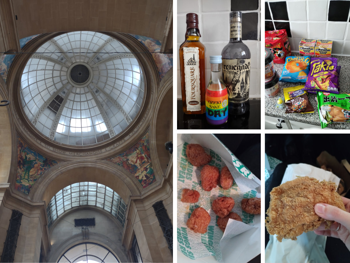 The roof of the Council House plus more food! Clockwise from left image: council roof, alcohol from Gauntleys and Oriental mart, food from Oriental mart and American Krazy Kandy, bottom right is Jolibee's chicken, bottom left is Wingstop goodies