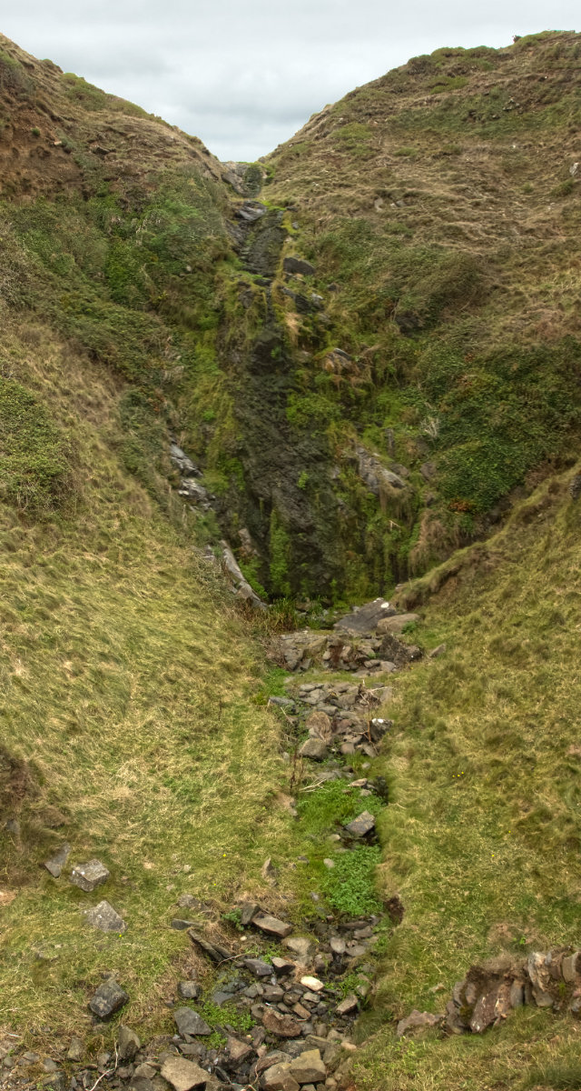 A dry waterfall at Porth Ysgo